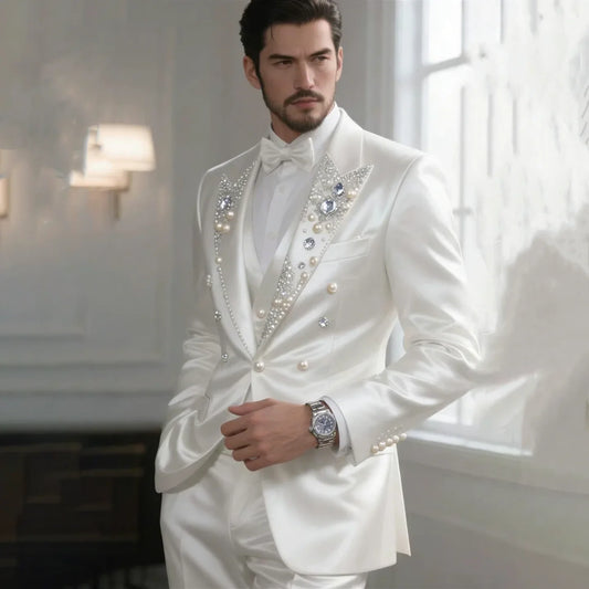 Luxury Men's Suits White Pearls Beading Wedding Groom 3 Piece Sets Silk Satin Crystal Tuxedos for Man Single Breasted Customized