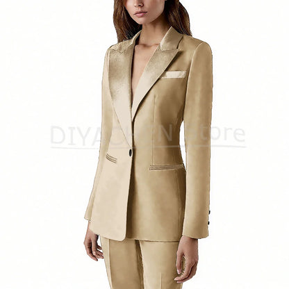 Pants Sets 2 Piece Fashion Satin Peak Lapel Single Button Solid Color Outfits Chic Casual Slim Daily Office Women's Suit