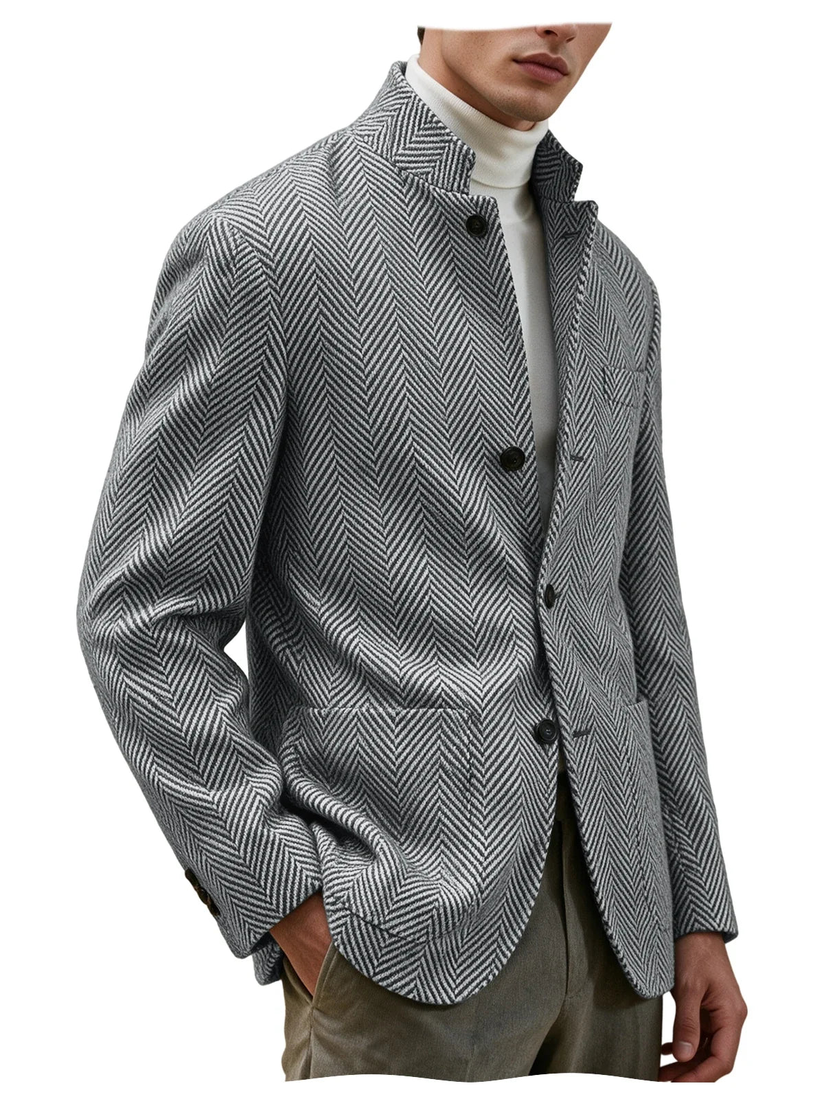 Men's Herringbone Tweed Stand Collar Blazer  Notch Lapel Slim Fit Wool Blend Sport Coat Business Casual Wedding Prom Man Jackets