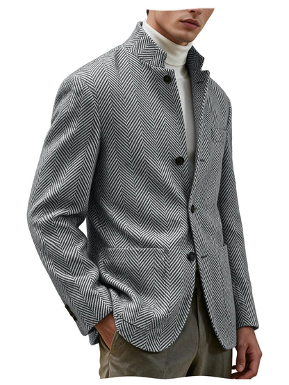 Men's Herringbone Tweed Stand Collar Blazer  Notch Lapel Slim Fit Wool Blend Sport Coat Business Casual Wedding Prom Man Jackets