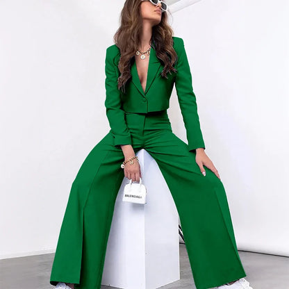 Single-grain Buckle Women Suit Two Pieces(Short Jacket+Pants) Peaked Lapel Office Lady for Business Daily Shopping Set Custom