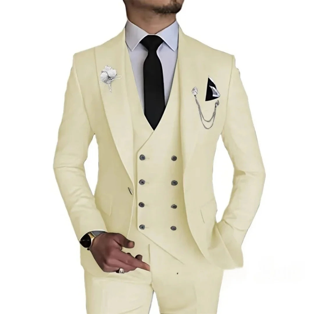 Men's 3 Piece Slim Fit Double Breasted Formal Suit for Wedding Prom Dinner Party - Classic Style
