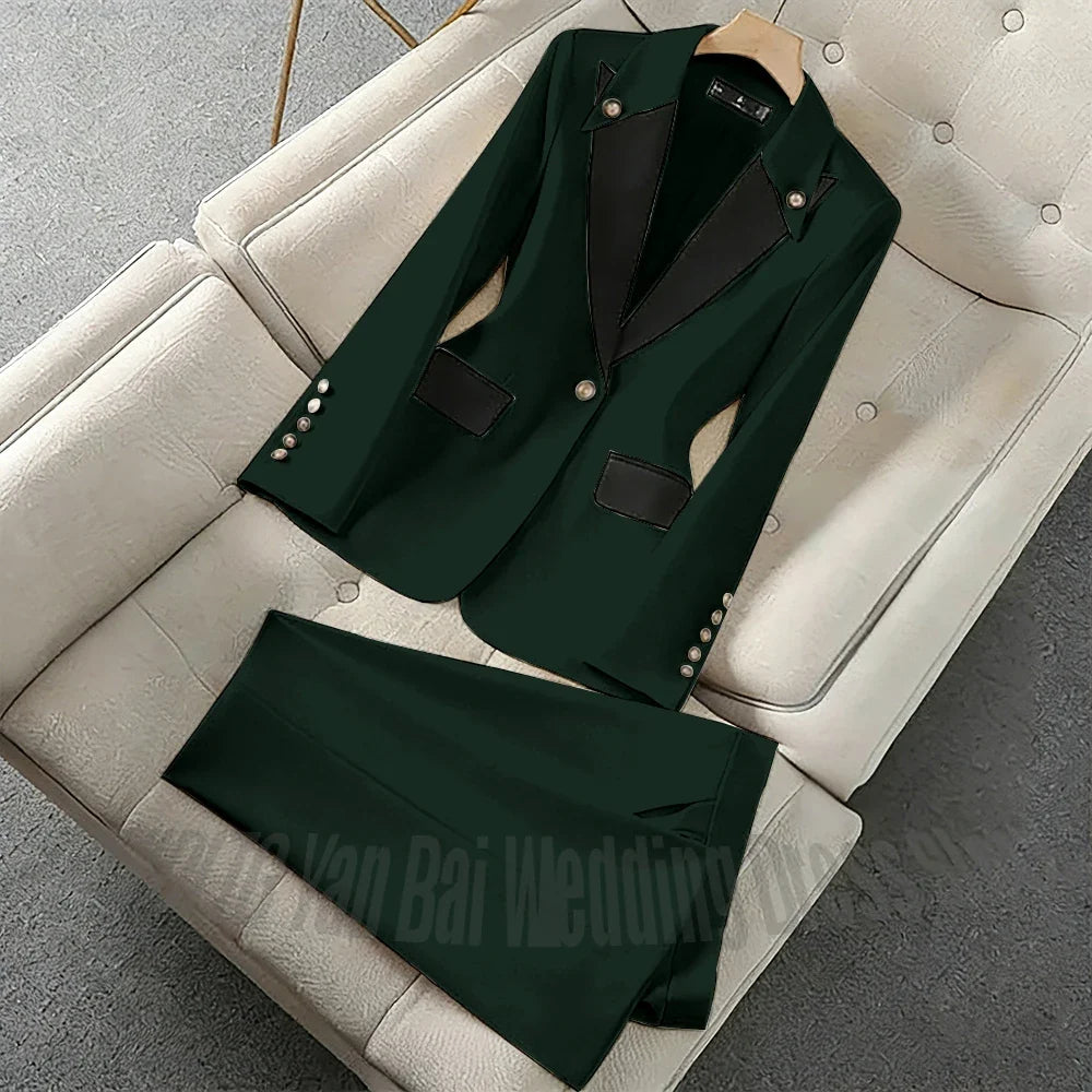 New Unique Women Pant Suit Contrast Color Modern Outfit One-Button Peaked Lapel Casual Fashion Daily Female Clothes Set 2 Piece