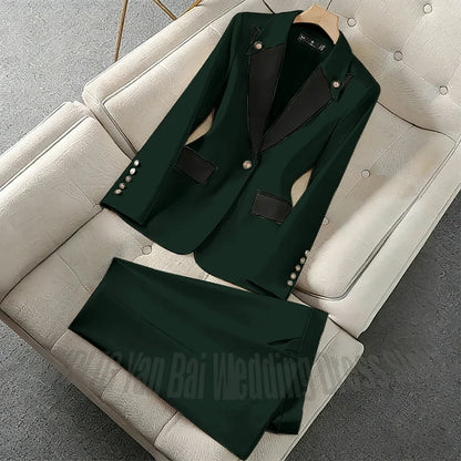 New Unique Women Pant Suit Contrast Color Modern Outfit One-Button Peaked Lapel Casual Fashion Daily Female Clothes Set 2 Piece