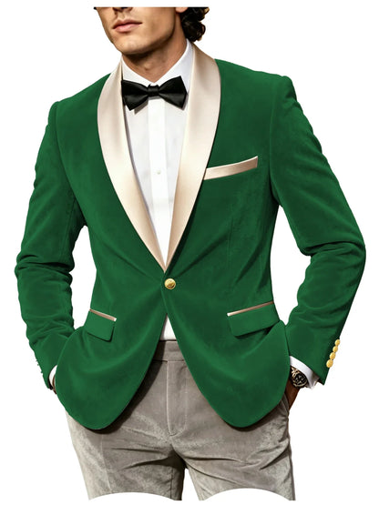 Men Velvet Tuxedo Jacket Champagne Satin Shawl Lapel Slim Fit Blazer Wedding Groom Party Prom Formal Western Dinner Suit Coat
