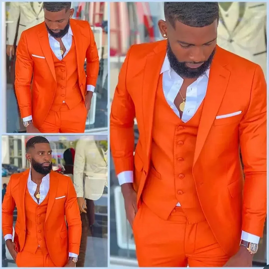 Bright Orange Costume Homme Wedding Dress Tuxedos Business Casual Suit For Men Notched Lapel 2 Piece（Blazer+ Pants）Men Suits