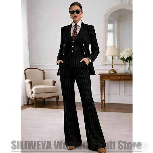 Chic Striped Women's Suit 3 Piece Double Breasted Blazer Vest Flared Pants Formal Business Office Wedding Party Lady Tuxedo