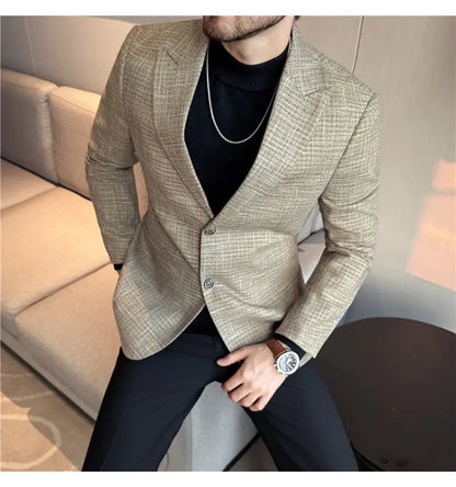 Men's Smart Casual Blazer – Vintage Coin Check Pattern – Brown & White Grey – Shopping & Office Wear