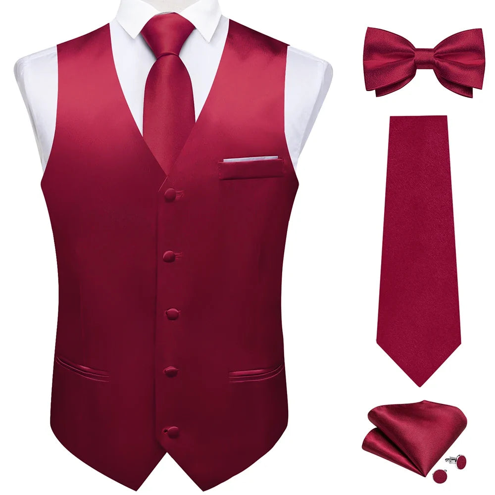 Men's Satin Suit Vest Set with Necktie Bow Tie Handkerchief and Cufflinks for Wedding and Formal Occasions