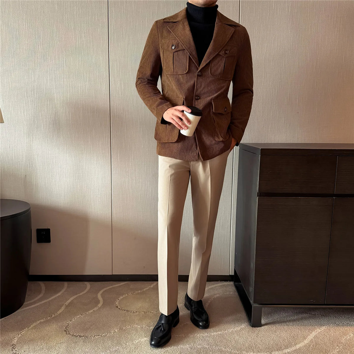 Autumn Winter Corduroy Medium Long Hunting Jacket Men's Fashion Thick Suit Jacket Casual Business Blazers Social Streetwear 2025