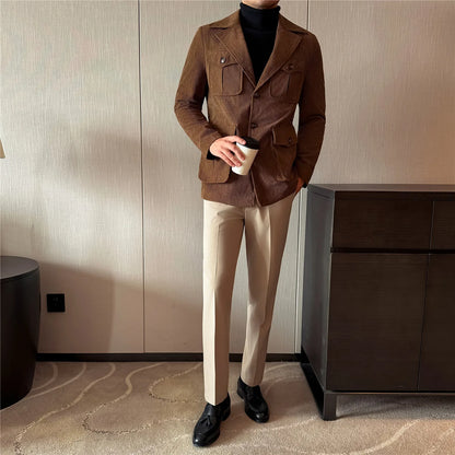 Autumn Winter Corduroy Medium Long Hunting Jacket Men's Fashion Thick Suit Jacket Casual Business Blazers Social Streetwear 2025