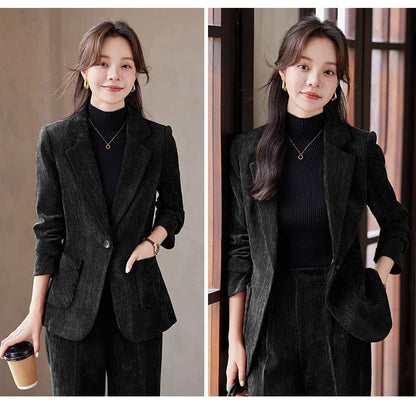 2024 Autumn New Corduroy Elegant Pant Suit Ladies Formal Business Work Wear 2 Piece Set Black Coffee Jacket Blazer And Trouser