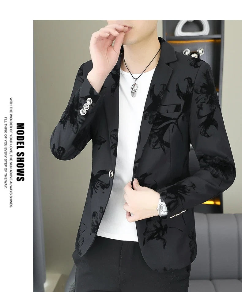 Blazer Men's Fashion Gentleman Business Outdoor Travel Print Wedding Slim-fit Korean Trend Handsome Youth Casual Blazer