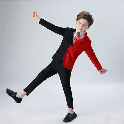 Patchwork Boys Suits Red and Black Stitching Fashion Notch Lapel Single Breasted Kids Wear Slim Daily Casual Children's Suits