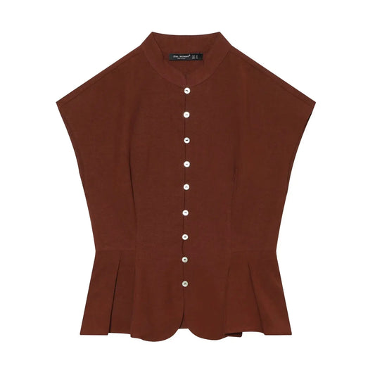 Waist Cinched Lotus Leaf Hem Shirt Summer New Stand Collar Sleeveless Blouses Single Breasted Chic Ladies Tops Mujer