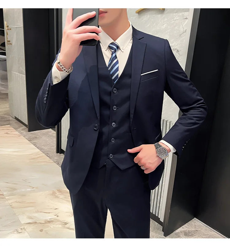 Men's Three-Piece Slim Fit Suit – England Style, Business Casual & Wedding, Navy/Black/Grey