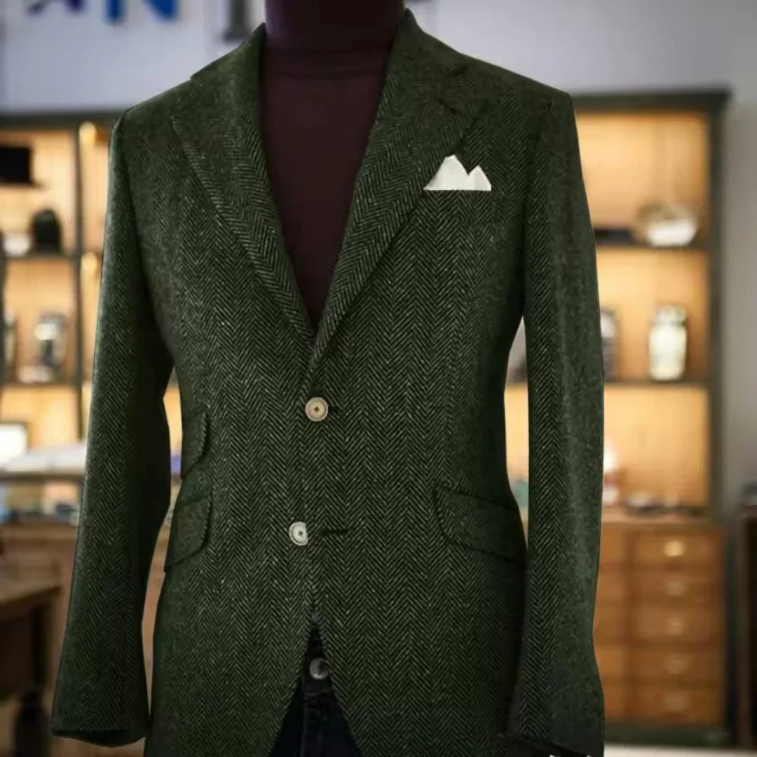 Blue Men's Herringbone Tweed Blazer Single Breasted Notch Lapel Prom Tuxedo Jacket Woolen Suit Daily Office Business One Coat