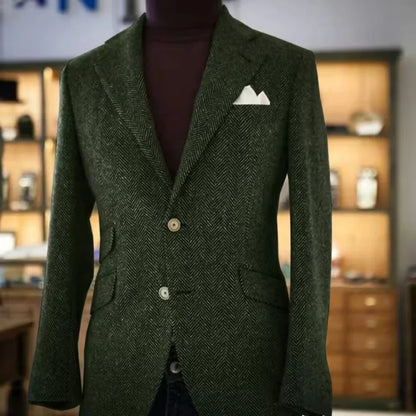 Blue Men's Herringbone Tweed Blazer Single Breasted Notch Lapel Prom Tuxedo Jacket Woolen Suit Daily Office Business One Coat