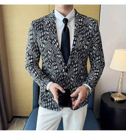 Korean Slim Fit Casual Suit Jacket for Men Fashion Camouflage Business Social Blazers Wedding Streetwear Dress Coat Men Clothing