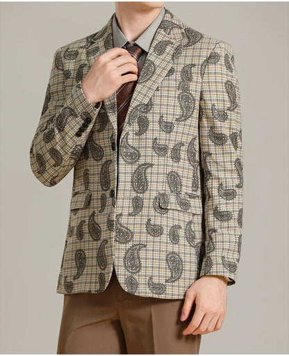 Autumn Winter Cashew Plaid Suit Jacket Men Fashion Casual Embroidered Jacquard Suit Jackets Business Social Party Men Blazers