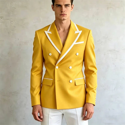 Double Breasted Slim Fit Blazer – Men's Formal Suit Jacket with White Contrast Piping