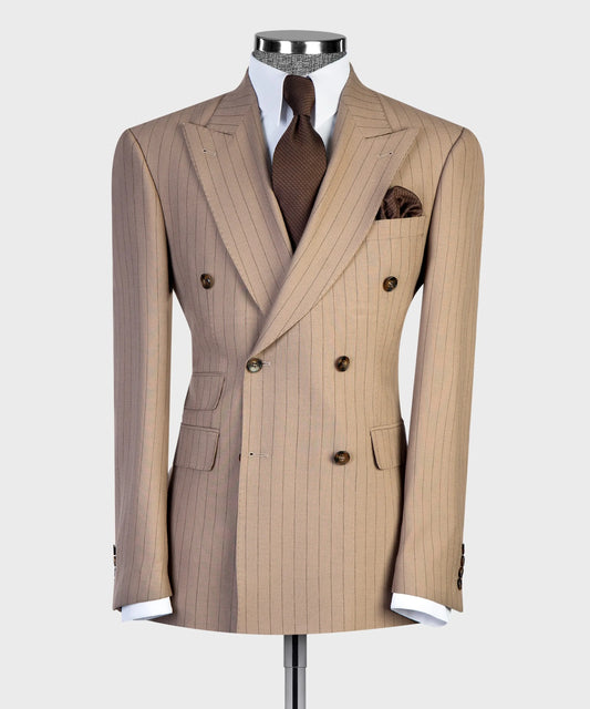 Pinstripe Men 2 Piece Suit Double Breasted Peak Lapel Jacket Pants Set Formal Wedding Groom Business Office Slim Fit Customized