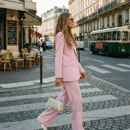 Pink Oversized Blazer Pants Set Single Button Wide Leg Trousers 2 Piece Suit High Street Style Casual Office Women Outfit