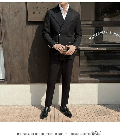 (Jackets+Pant)Fashion Double Breasted Design Men Suit Italian Style Luxury Elegant Business Social Wedding Dress Thick Suit 2Pcs