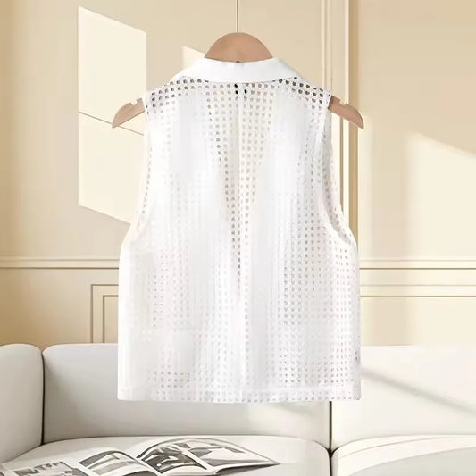 2026  Summer New Women's Openwork Coat Knitted Vest Cardigan Thin  Tops Female Fashion Loose Ladies Outwear Waistcoat Stitching