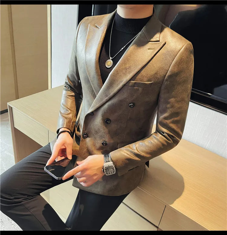 Brand Retro Leather Suit Jacket Men British Style Double Breasted Casual Business Blazers Wedding Groom Party Banquet Jackets