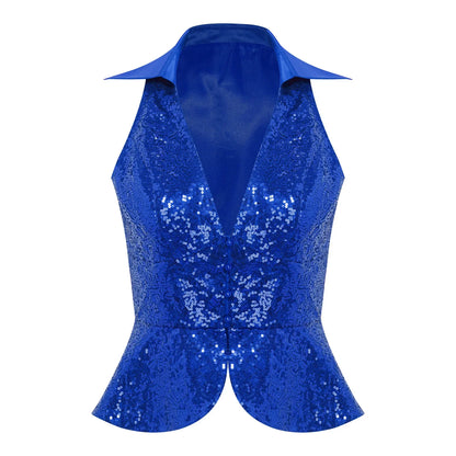 Women Shiny Sequin Vest Lapel Sleeveless Glitter Suits Waistcoat Top Rave Music Festival Jazz Dance Party Banquet Night Clubwear