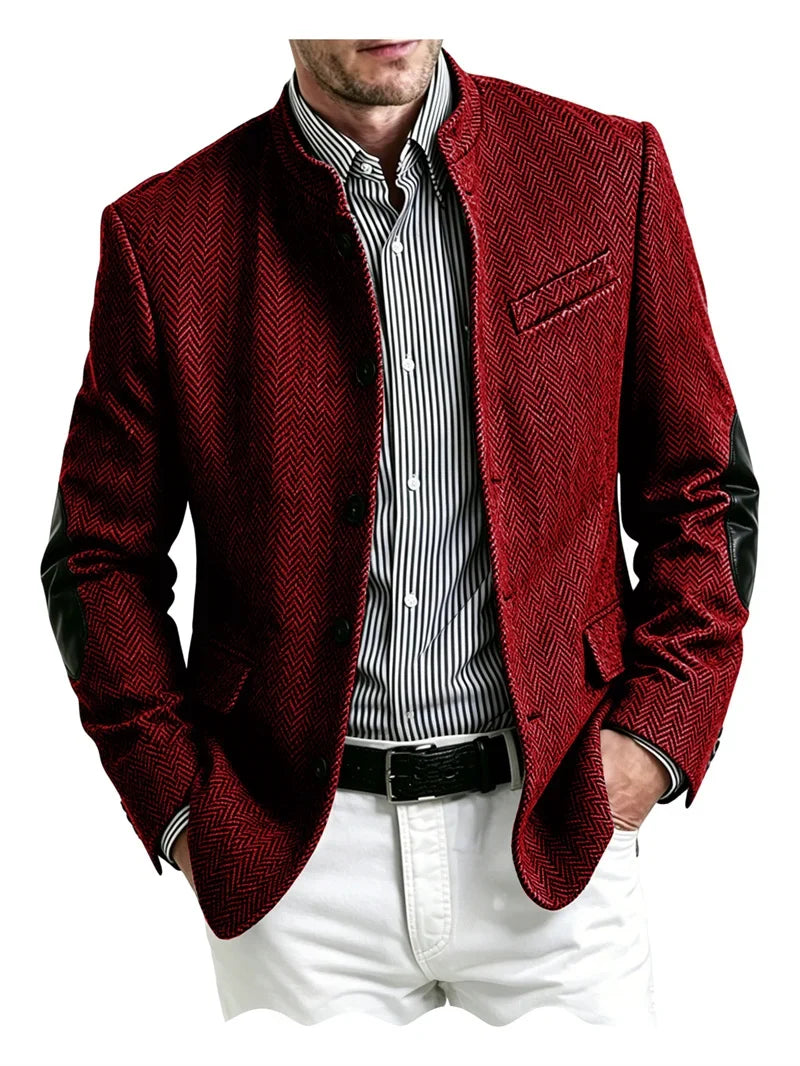 Men's Herringbone Tweed Blazer With Elbow Patches Retro Stand Collar Jacket Slim Fit Daily Party Business Casual Sport Coat ﻿