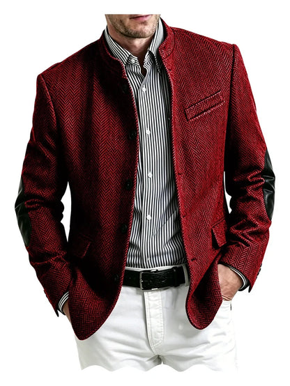 Men's Herringbone Tweed Blazer With Elbow Patches Retro Stand Collar Jacket Slim Fit Daily Party Business Casual Sport Coat ﻿