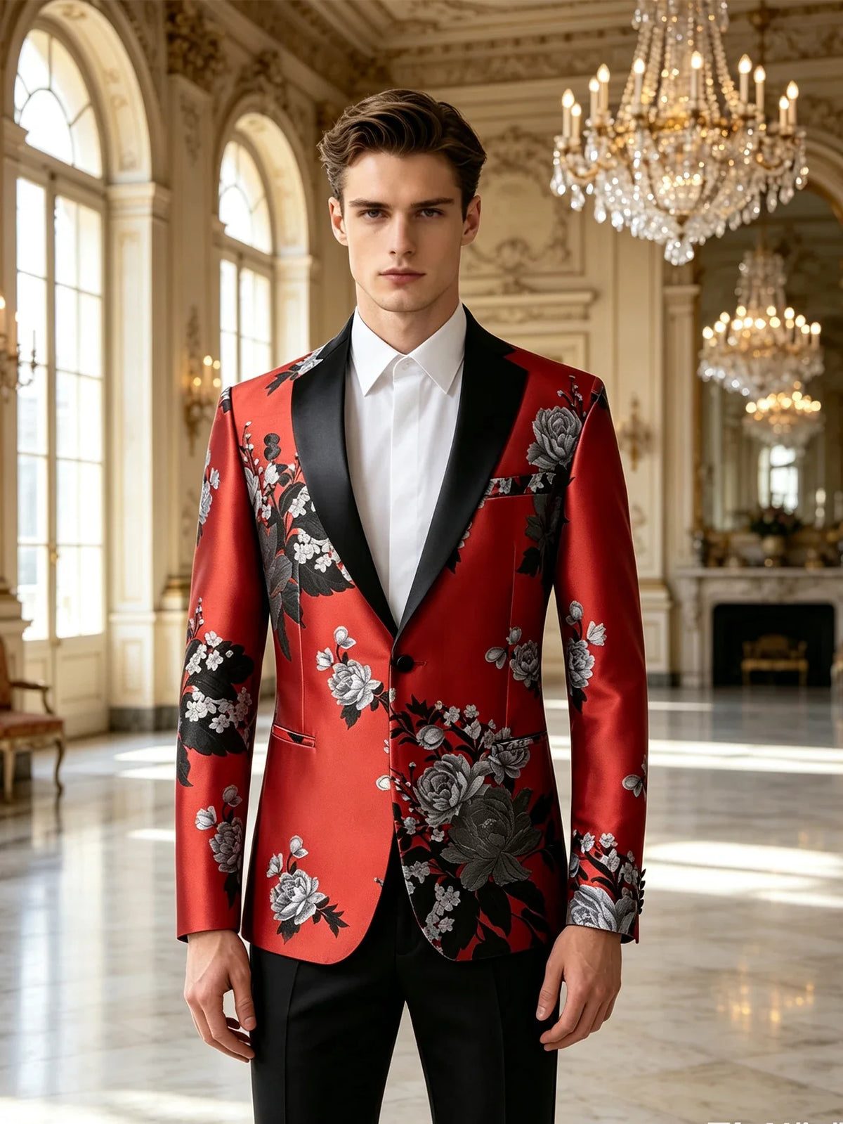 Red Base Grey Peony Floral Jacquard Mens Tuxedo Blazer, Shawl Lapel Single Button Formal Jacket Wedding Host Costume