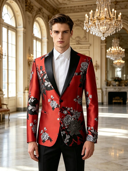 Red Base Grey Peony Floral Jacquard Mens Tuxedo Blazer, Shawl Lapel Single Button Formal Jacket Wedding Host Costume