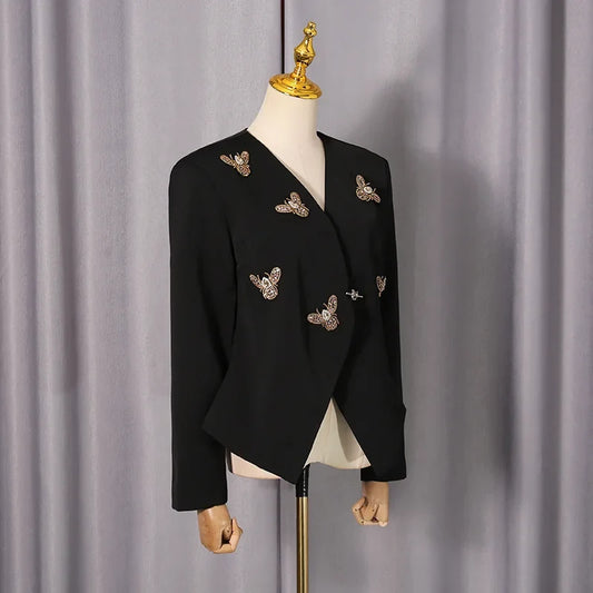 Spring Autumn New Women Blazer V-neck Single Button Studded Diamonds Long Sleeves Fashion Elegant High-End Ins Coat HK16739
