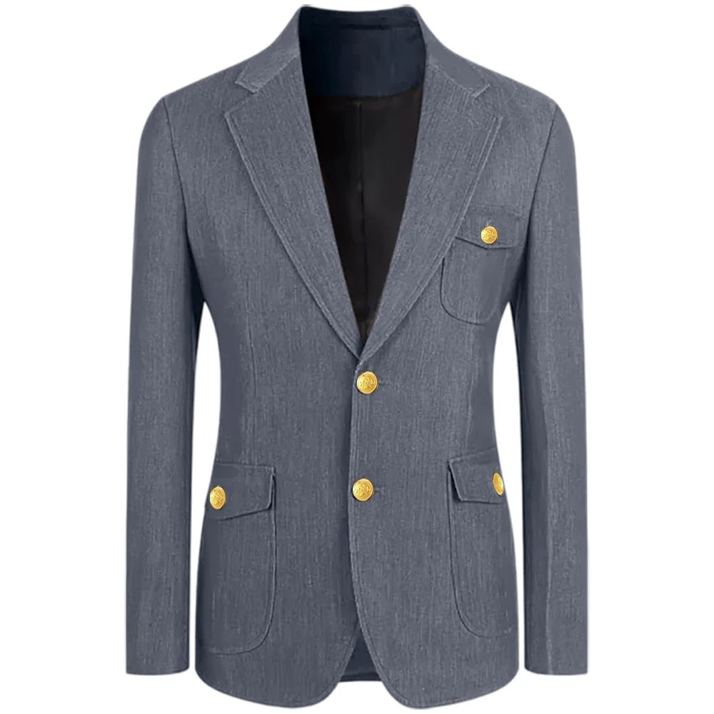 Men's Denim Suit Jacket Classic Notched Lapel Slim Fit Gold Buttons Multiple Pockets Formal Blazer Business Casual Daily Wear