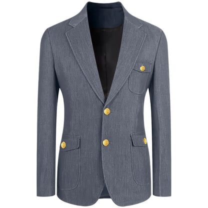 Men's Denim Suit Jacket Classic Notched Lapel Slim Fit Gold Buttons Multiple Pockets Formal Blazer Business Casual Daily Wear