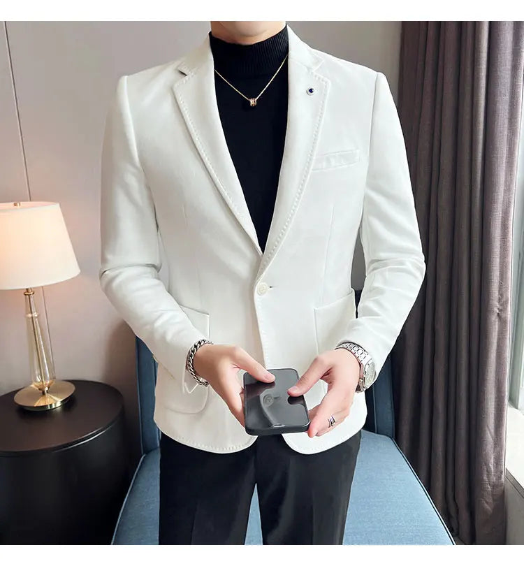 British Style Autumn Suede Business Casual Suit Jacket for Men High Quality Social Office Blazers Wedding Groom Dress Coats