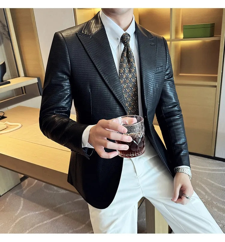 Korean Waffle Leather Suit Jacket Men's Business Casual PU Leather Blazer Slim Fit Wedding Groom Office Social Formal Coats 2026