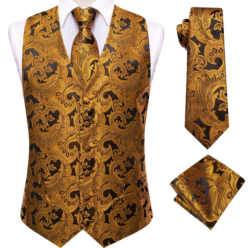 Men's Double Breasted Paisley Jacquard Waistcoat Set with Necktie & Pocket Square for Weddings and Tuxedo