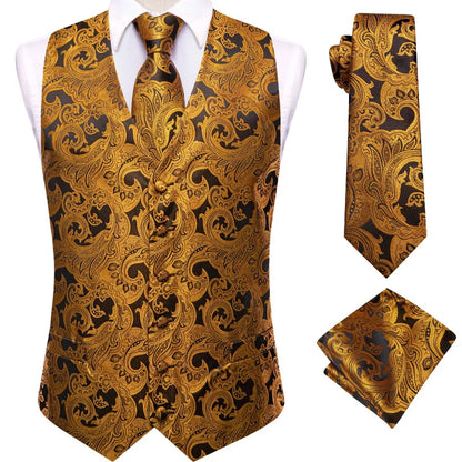 Men's Double Breasted Paisley Jacquard Waistcoat Set with Necktie & Pocket Square for Weddings and Tuxedo