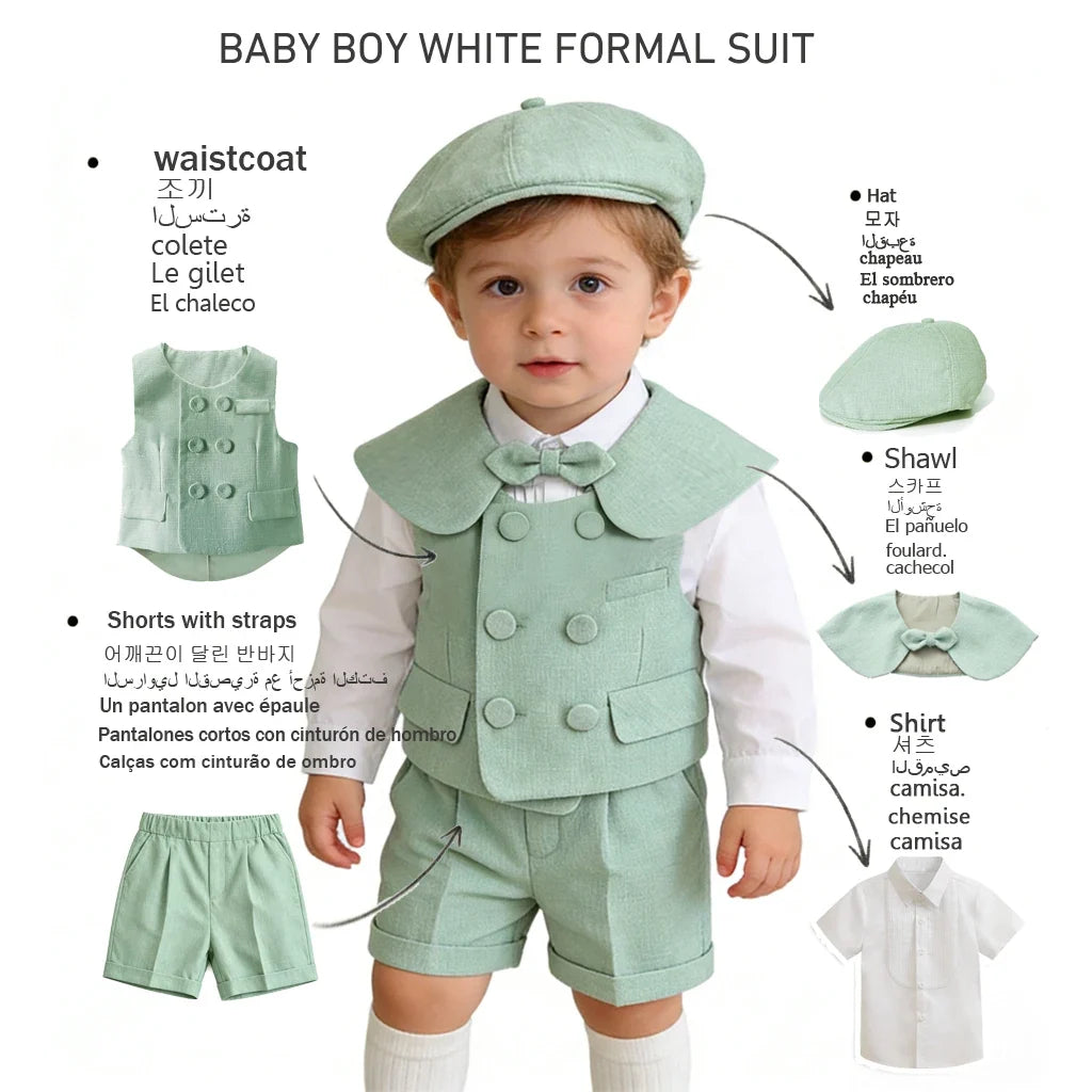 6Pcs Toddler Baby Boy Suit Light Green Waistcoat Shorts Bow Shawl Hat Kids Gentleman Outfit For Birthday Wedding Photo Shoot