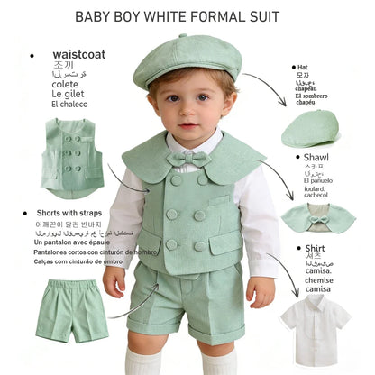 6Pcs Toddler Baby Boy Suit Light Green Waistcoat Shorts Bow Shawl Hat Kids Gentleman Outfit For Birthday Wedding Photo Shoot