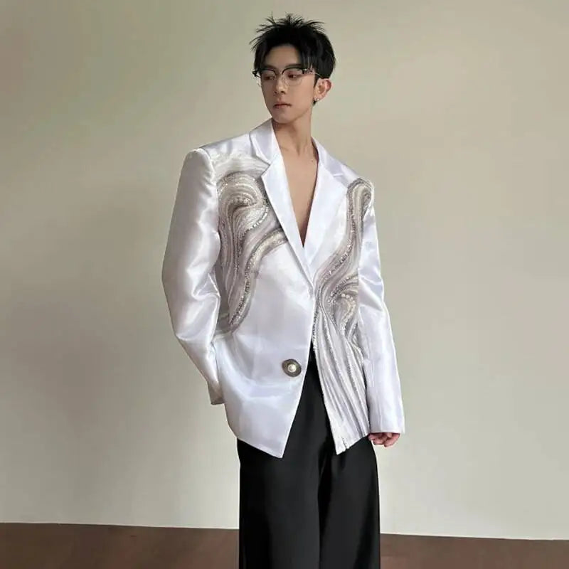 2026 New Original Luxury Temperament Sequin Gauze Patchwork Design Blazer Coat Men Elegant Handsome Casual Jacket JY7013