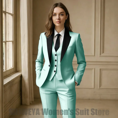 Women Royal Blue 3 Piece Tuxedo Suit Blazer Vest Pants with Black Lapel Slim Fit Formal Party Business Office Outfit