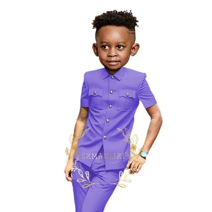 Boys Suit Black 2 Pieces Short Sleeve Party Tuxedo Formal Wedding Kids Clothes Indian Style Blazer Pants 2-16 Years Old