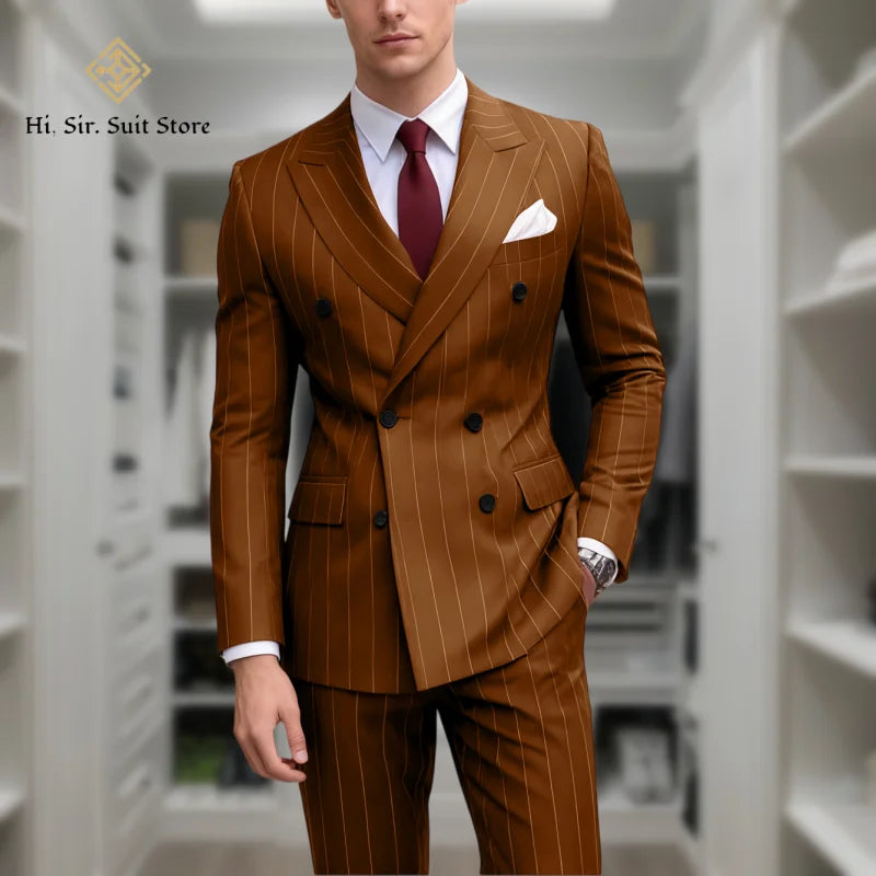 Men's 2-Piece Slim Fit Double-Breasted Striped Suit Set for Men – Wedding, Business & Formal Occasions