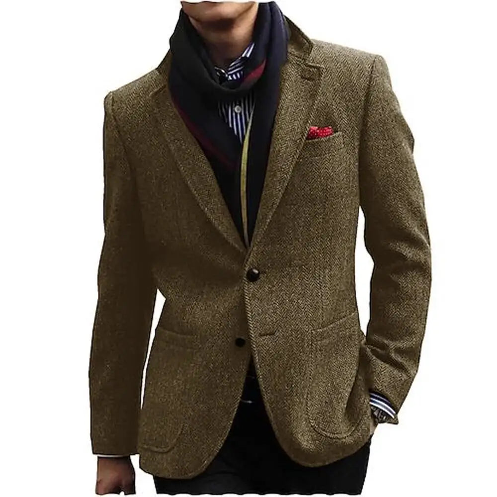 Men's Gray/Brown Herringbone Tweed Blazer Single Breasted Notch Lapel Jacket Office Tuxedo Woolen Suit Coat for Business Wedding