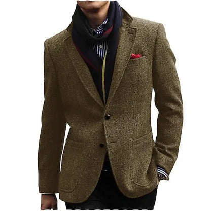 Men's Gray/Brown Herringbone Tweed Blazer Single Breasted Notch Lapel Jacket Office Tuxedo Woolen Suit Coat for Business Wedding